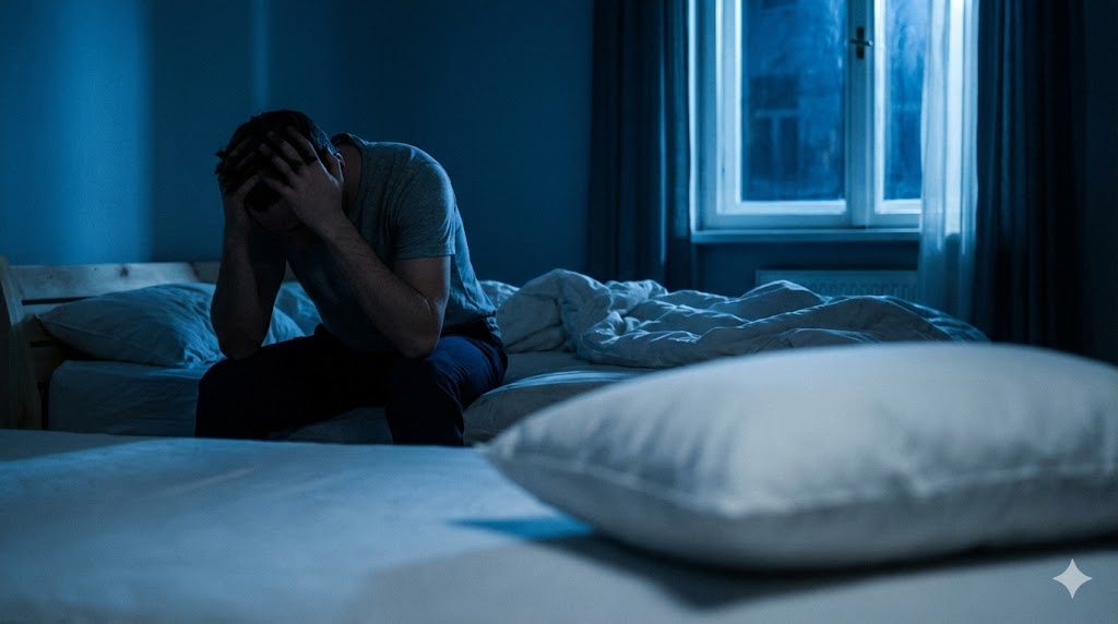 Personne épuisée assise sur le bord de son lit la nuit, la tête dans les mains, illustrant l'anxiété, le stress et l'insomnie causés par une infestation de punaises de lit.