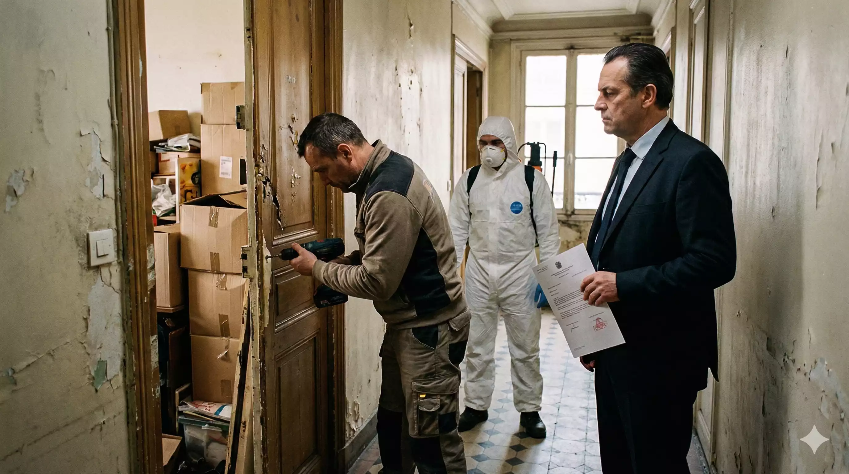 Un huissier de justice supervise un serrurier qui force l'ouverture d'un appartement encombré, suivi par un technicien de désinsectisation en combinaison de protection.