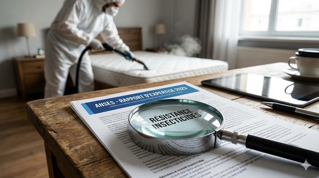 Rapport officiel de l'ANSES sur les punaises de lit posé sur une table avec une loupe