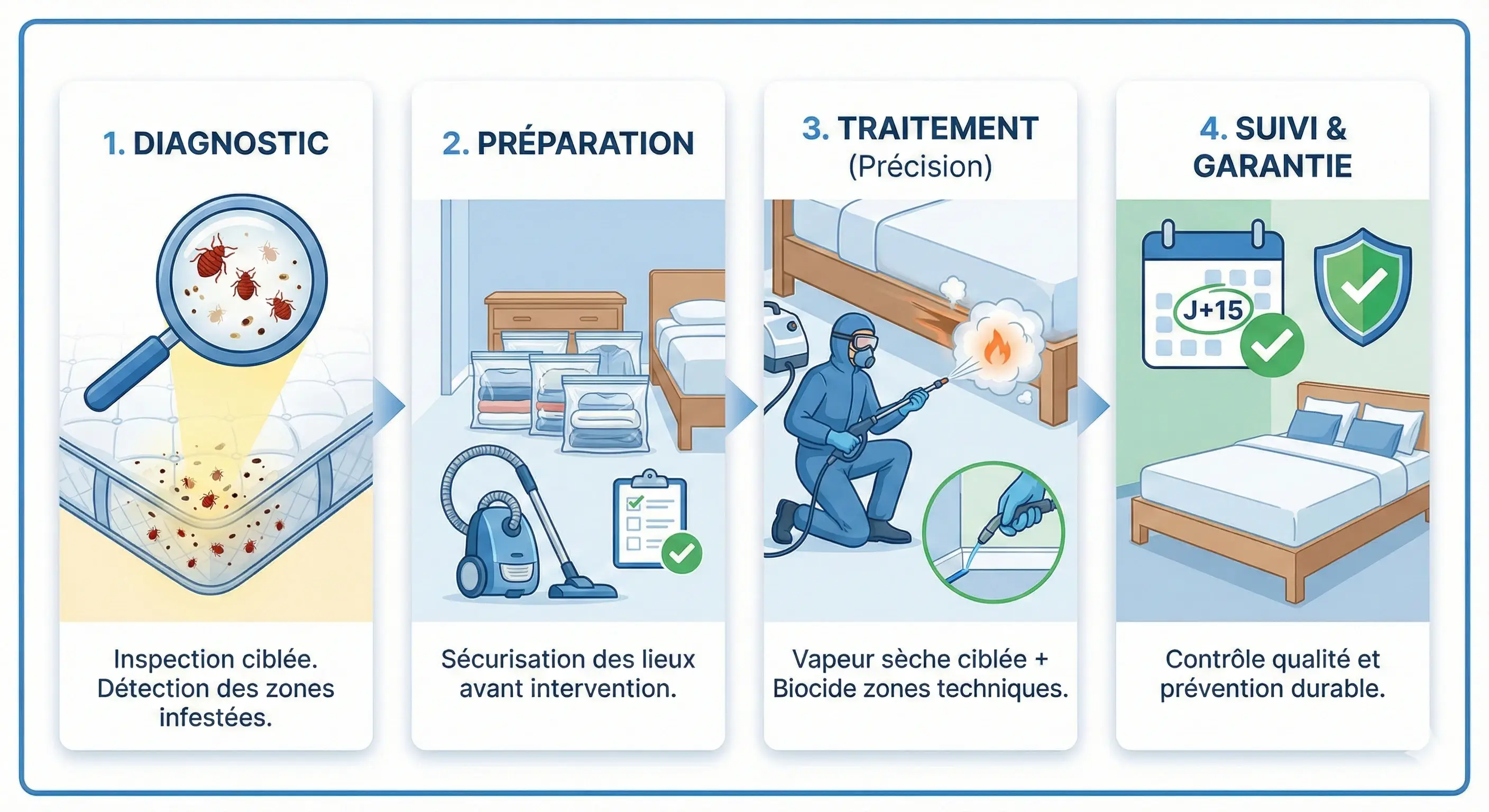 Schéma en 4 étapes : diagnostic, préparation, traitement, suivi et garantie
